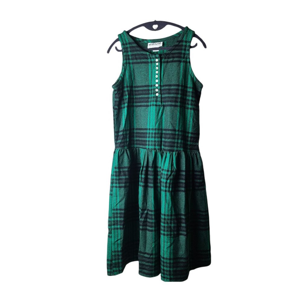 Vintage Schoolgirl Academia Wool Blend Green Plaid Sleeveless Knit Jumper Dress